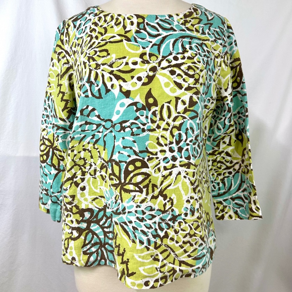 HOT COTTON 100% Linen Green Floral Top Women M 3/4 Sleeve Lagenlook Resort Beach
